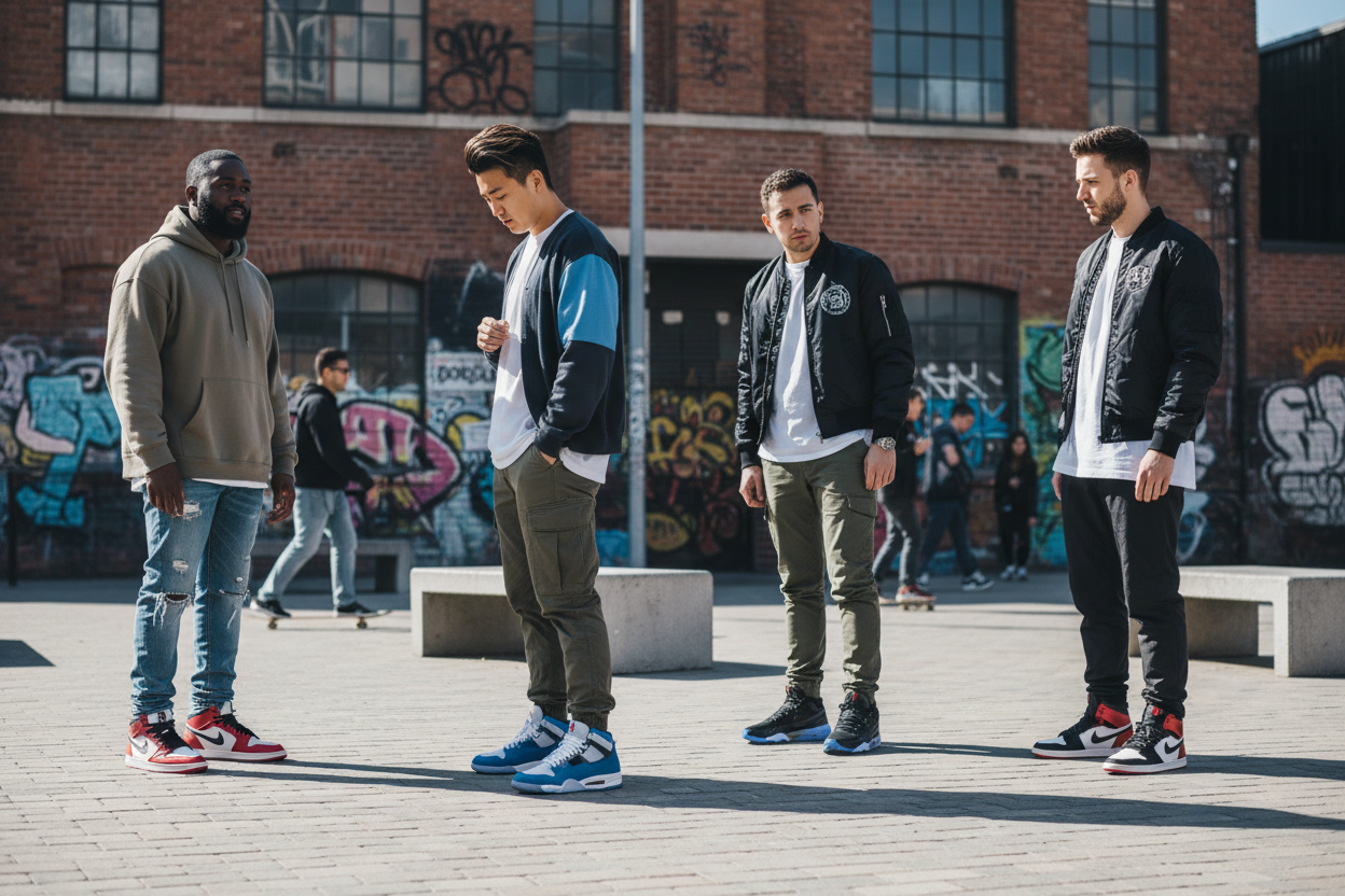 men wearing different jordans