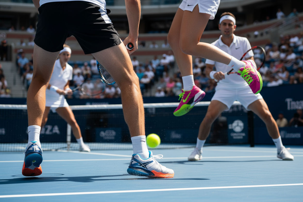 mixed tennis game in tennis shoes